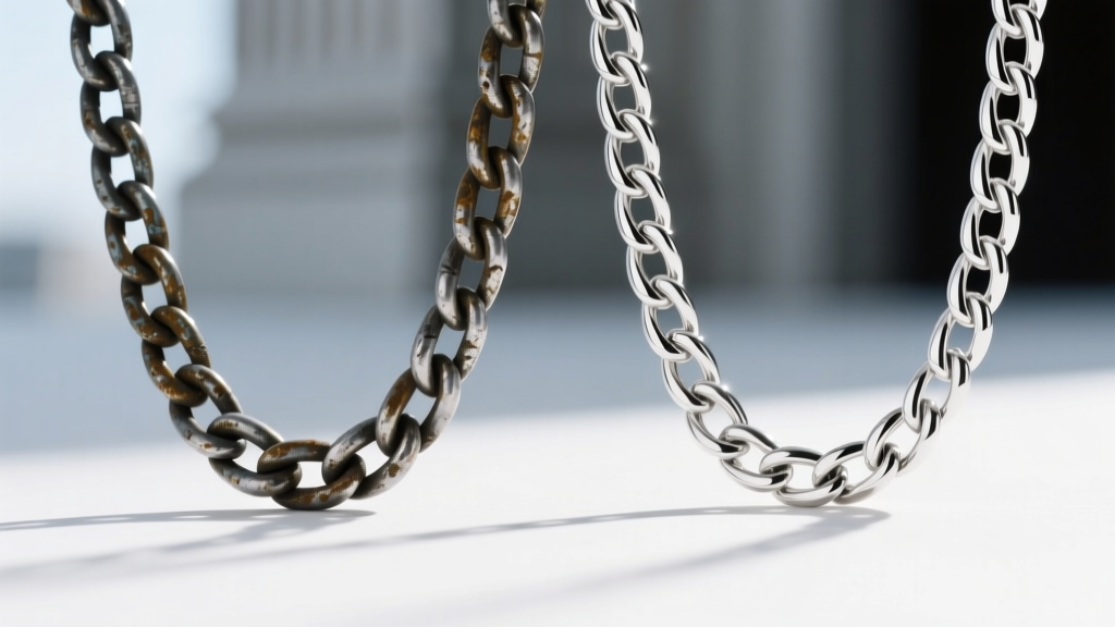 Close-up of a tarnished sterling silver mens chain beside a brilliant, untarnished Argentium chain under bright, natural daylight
