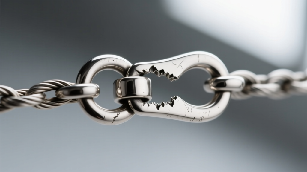 Macro shot of a sterling silver lobster clasp on a 20-gauge cable chain, showing the unsoldered jump ring gap.