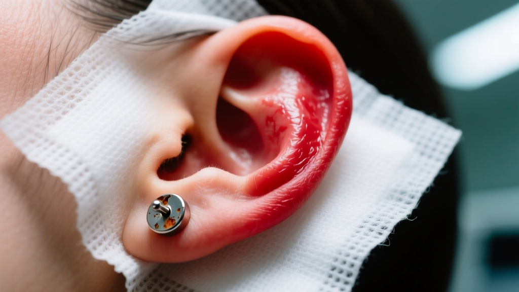 Swollen red earlobe wearing a cheap metal stud earring, resting on sterile gauze under bright clinical examination lighting.