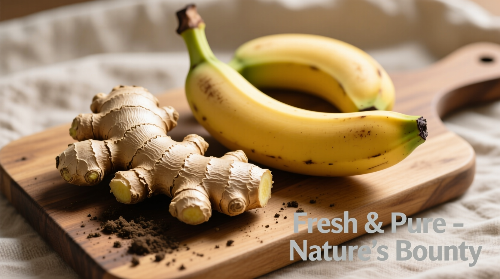 Fresh ginger root and banana on wooden cutting board