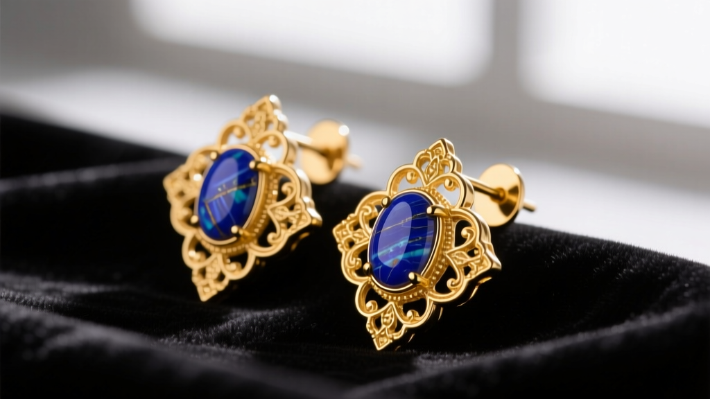 Macro shot of gold vermeil Aladdin earring clasps and lapis lazuli inlays, showing detailed metalwork and gem matrix on velvet
