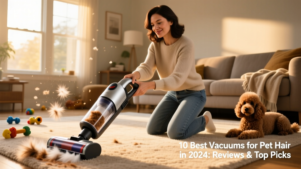 A person using a lightweight upright vacuum on a carpeted living room floor with visible pet hair being lifted