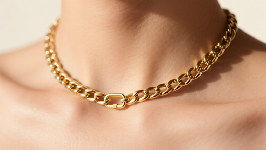 Close-up of a 2.5mm gold Cuban link chain on a collarbone, showing the precise clasp and link thickness against warm skin tones