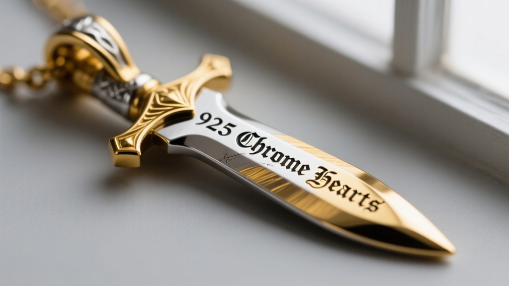 Macro photography showing engraved 925 and CHROME HEARTS hallmarks on back of a gold-dipped sterling silver dagger pendant