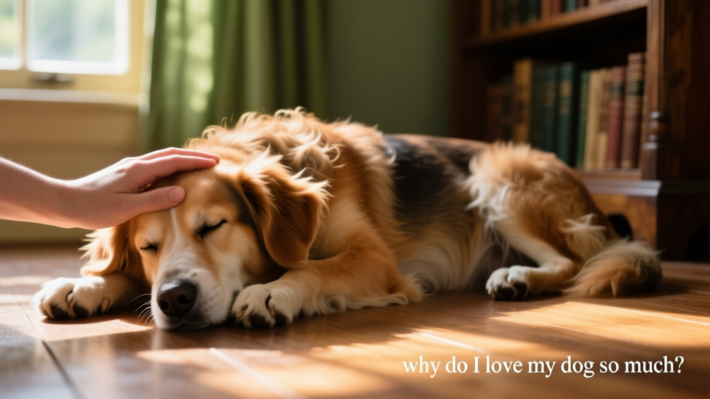 A gentle hand brushing a calm dog’s fur while the dog rests with eyes half-closed in contentment