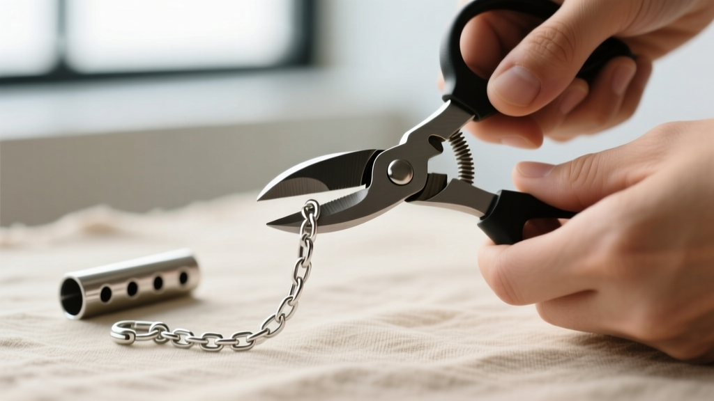 Hands using flush cutters to snip a 1.2mm rhodium silver chain link, with a multi-hole tube clasp visible in the soft background.