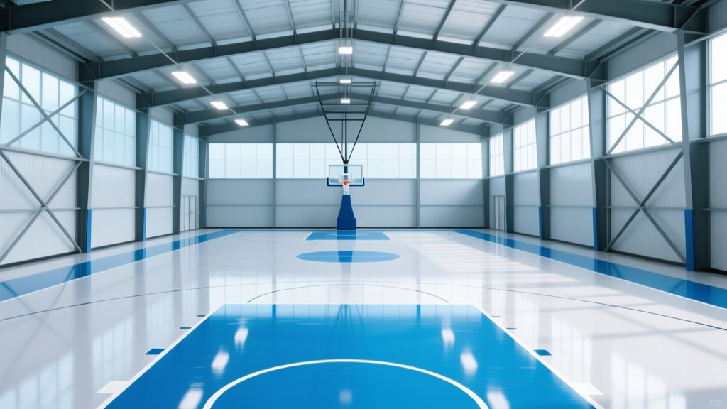 Interior of a pre-engineered steel basketball gymnasium with bright LED high-bay lighting and a polished polyurethane sports floor.