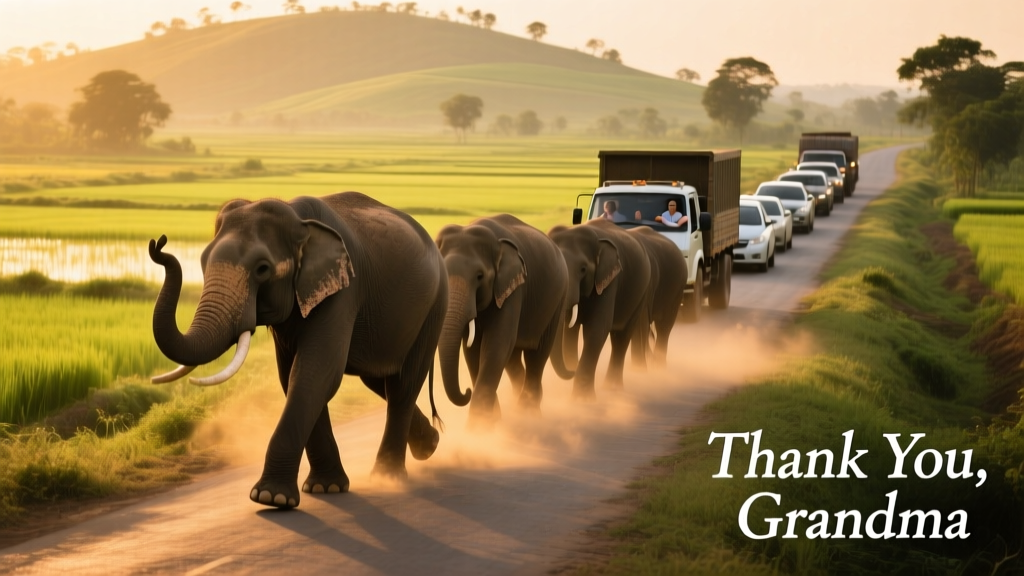 A serene rural road with a line of elephants crossing slowly in front of stopped vehicles