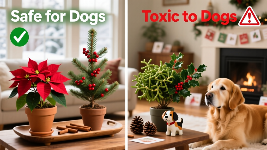 A side-by-side comparison of safe and unsafe holiday plants for dogs, with clear labels and icons