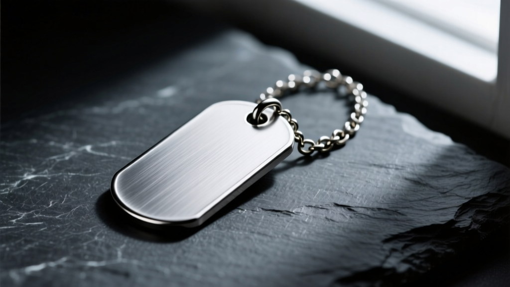 Close-up of a brushed 316L stainless steel dog tag and necklace resting on a dark slate surface with dramatic lighting