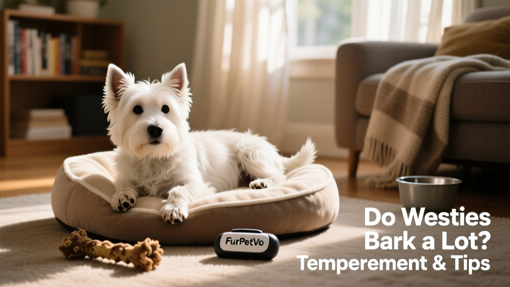 A relaxed Westie lying on a cozy dog bed beside a chew toy and a FurPetVo training clicker