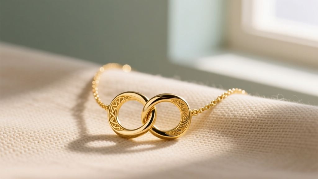 Close-up of a 14k gold necklace with two interlocking circles resting on beige linen, soft natural window lighting, elegant mood.