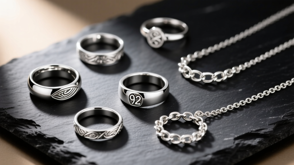 Assorted 925 sterling silver rings and chains on dark slate, lit by warm directional light to highlight polished metal surfaces