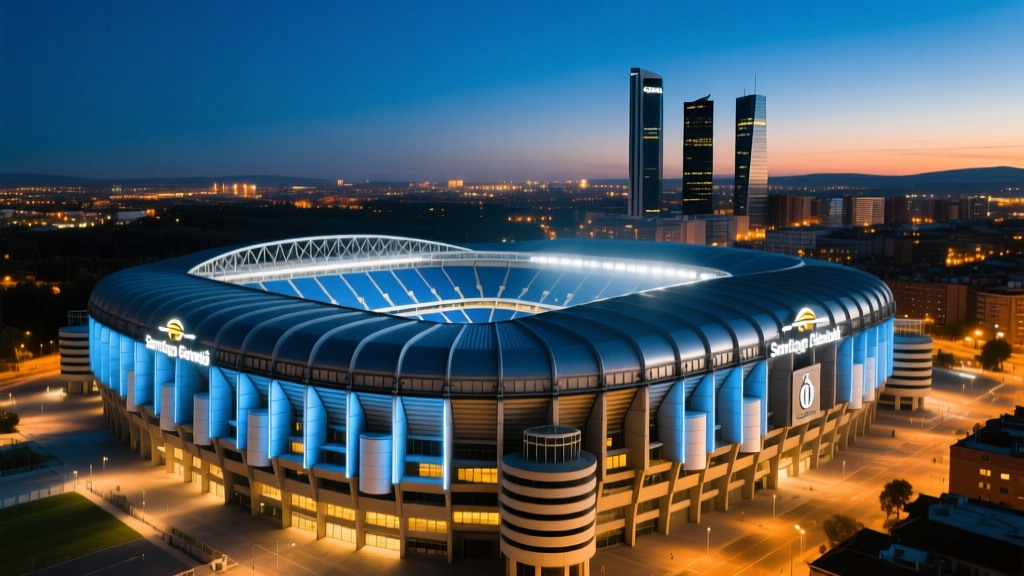 Aerial twilight view of the newly renovated Santiago Bernabéu stadium glowing with metallic facade lights against a dark Madrid skyline