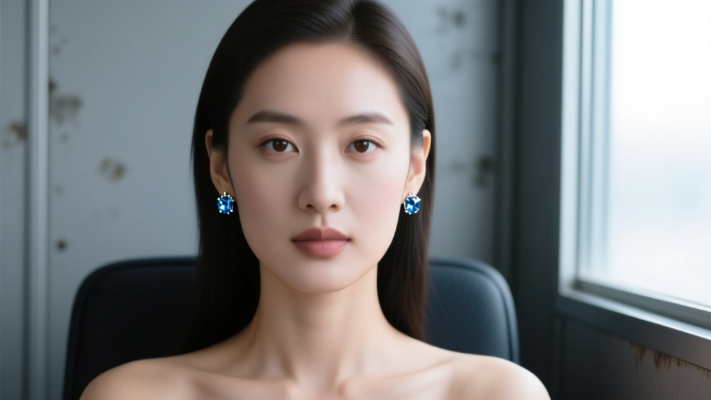 Close-up portrait of a woman in a photo booth wearing tiny 3mm titanium bezel sapphire studs, facing forward in neutral lighting.