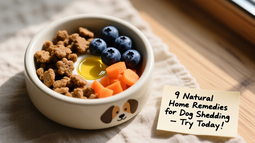 Top-down view of a dog’s bowl containing kibble, fresh blueberries, chopped carrots, and a drizzle of fish oil
