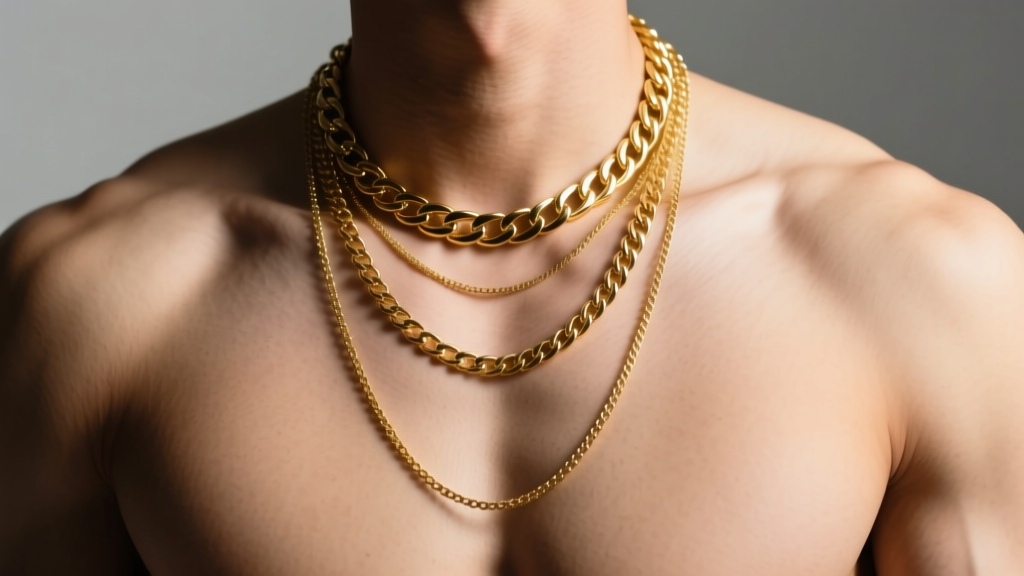 Torso wearing three layered gold chains of varying thicknesses, showing how different lengths fall across the chest and collarbone