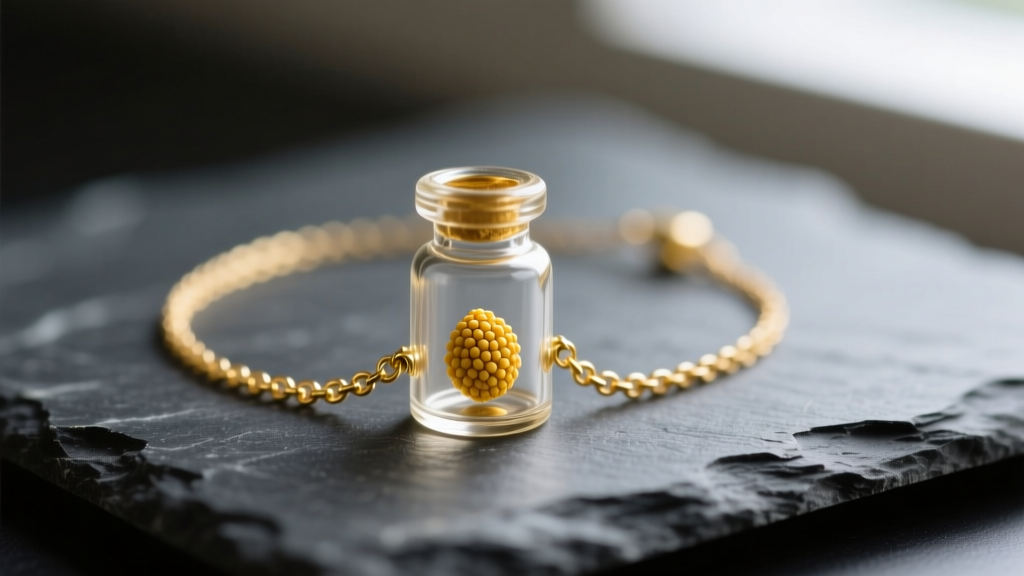 Macro shot of a 14k yellow gold mustard seed necklace on dark slate, highlighting the tiny glass vial and single seed inside.