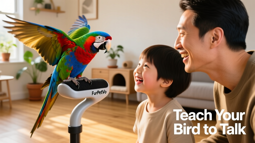 A joyful moment: a smiling child and adult watching a brightly colored conure repeat 'hello!' while perched on a FurPetVo training perch