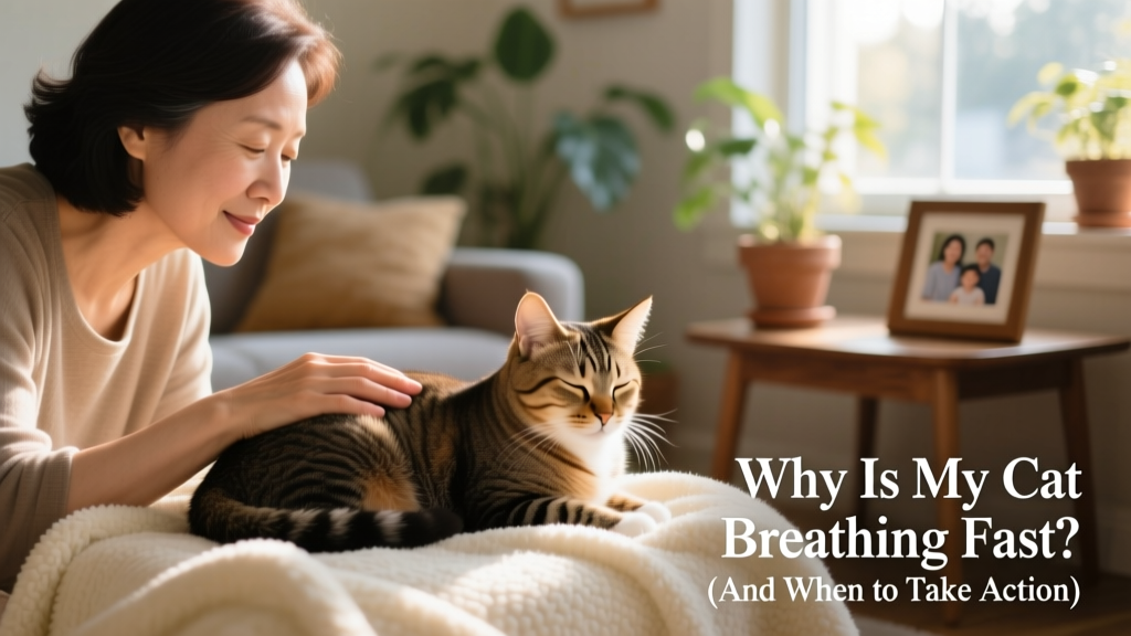 A caring pet parent gently stroking their cat’s back while the cat rests calmly on a soft blanket, promoting relaxation