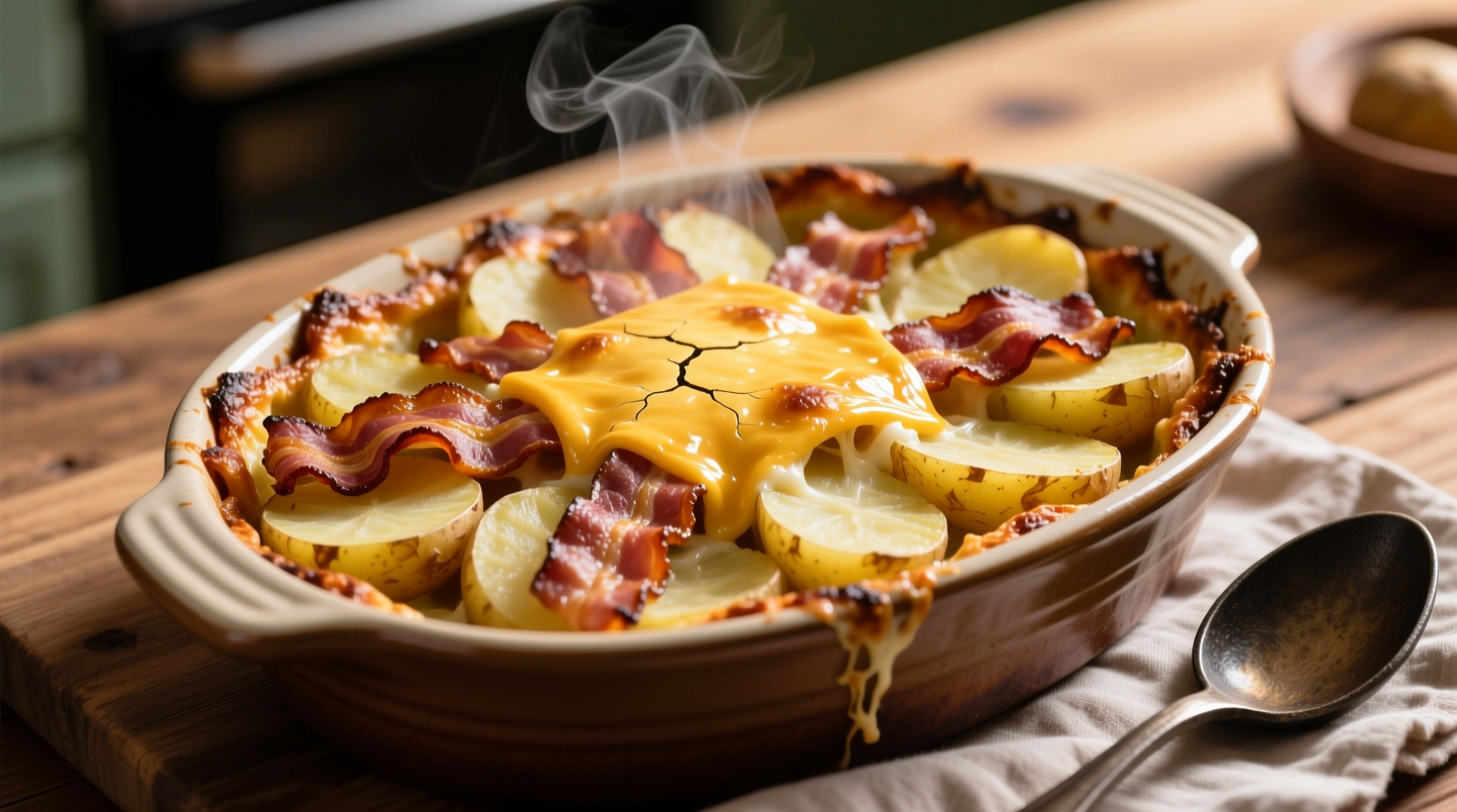 Cheese bacon and potato bake golden crust