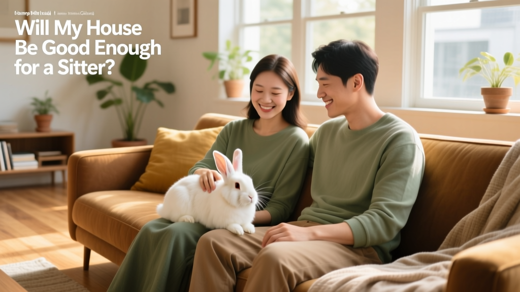Two people relaxing on a sofa while gently petting a calm rabbit