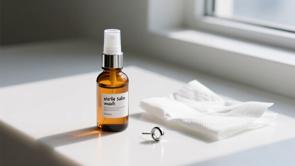 Small amber glass spray bottle of sterile saline wound wash sitting next to a clean paper towel and a titanium threadless earring