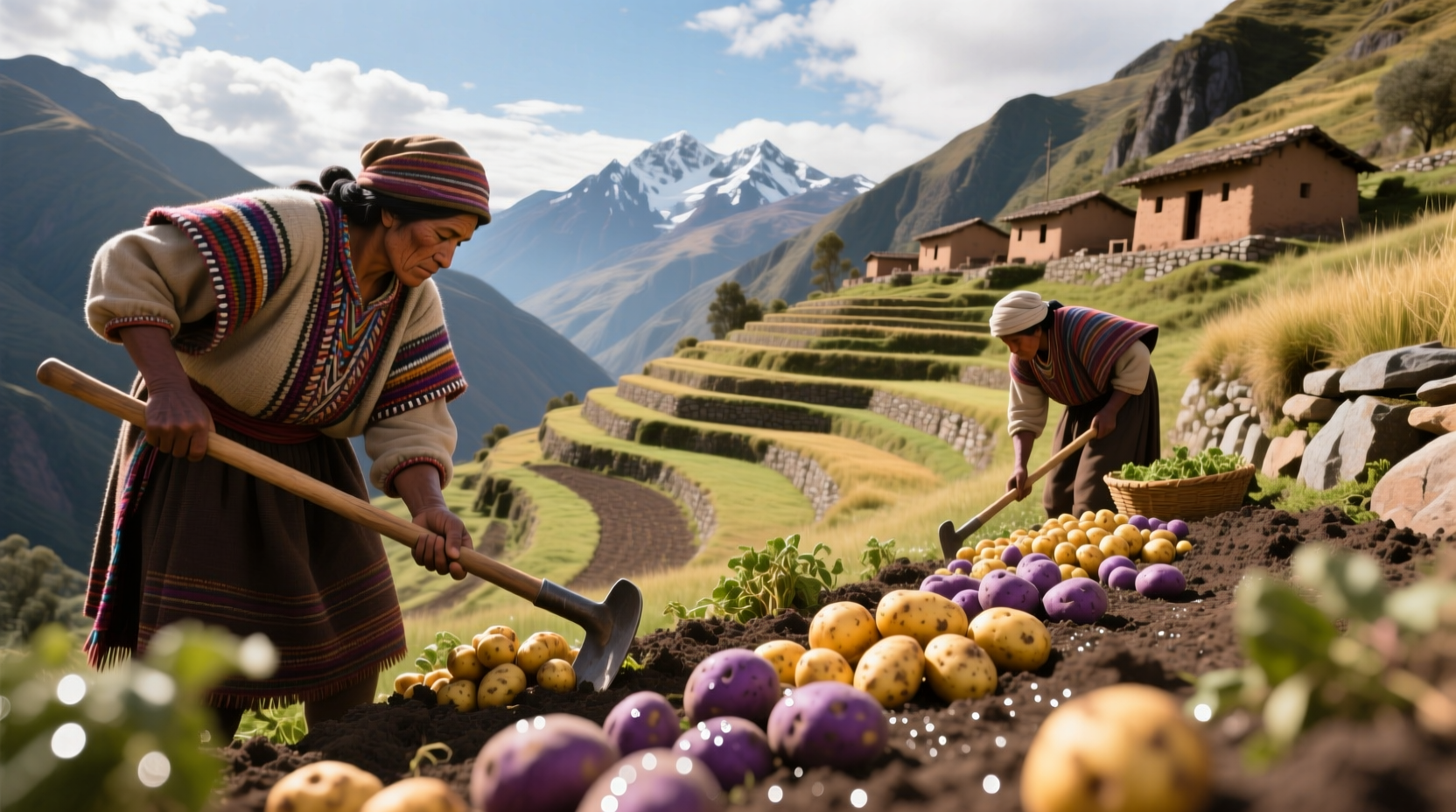 Ancient Andean farmers harvesting potatoes in the mountains