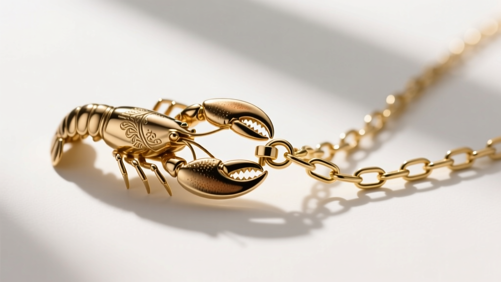 Macro shot of a brass lobster clasp attached to a delicate 1.2mm gold rolo chain, highlighting the metal tension and drape angle.