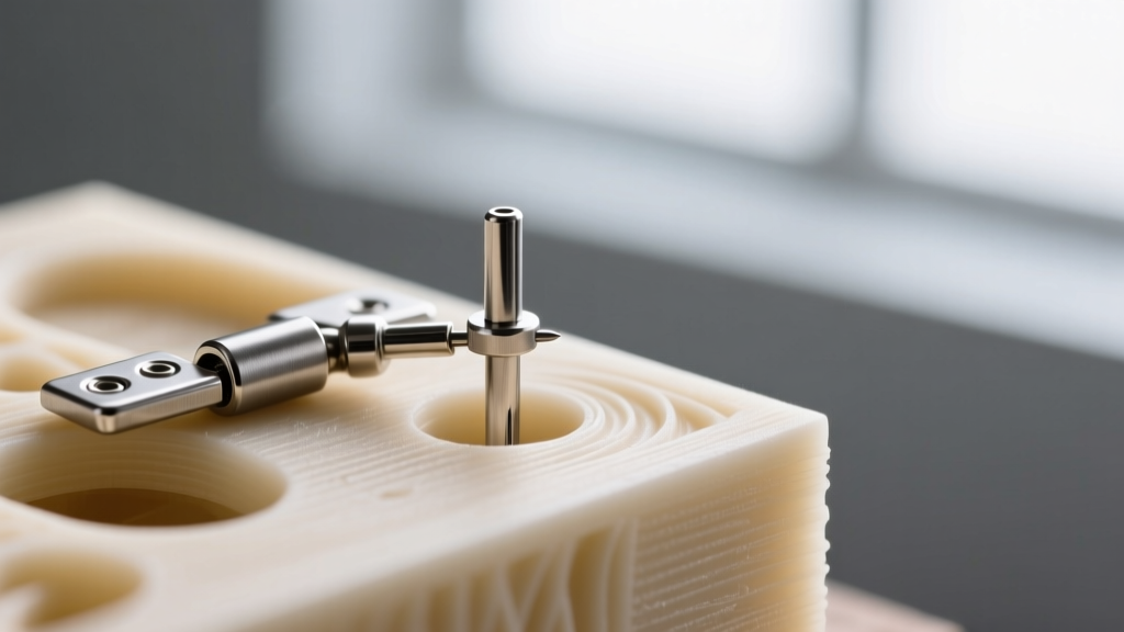 Macro photography of a 0.8mm stainless steel hinge pin inserted into a 3D printed wax model cavity for lost-wax jewelry casting.