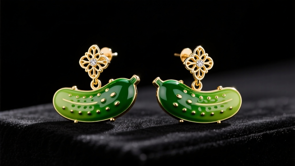 Vibrant green enamel pickle earrings on a dark velvet display, featuring gold-plated brass hardware and soft studio lighting.