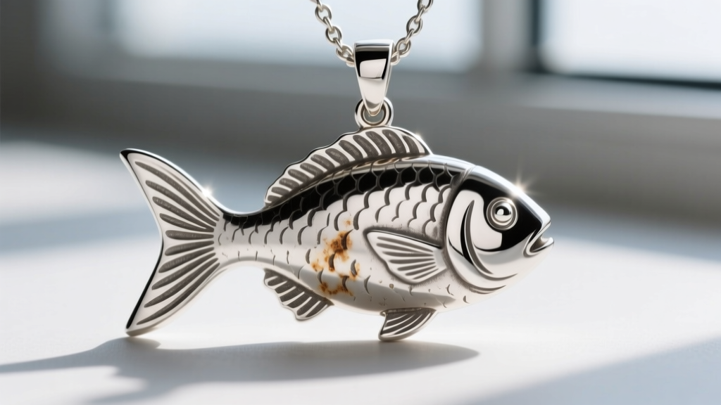 Macro shot of a sterling silver Pisces fish pendant showing tarnished crevices and worn rhodium plating under bright light