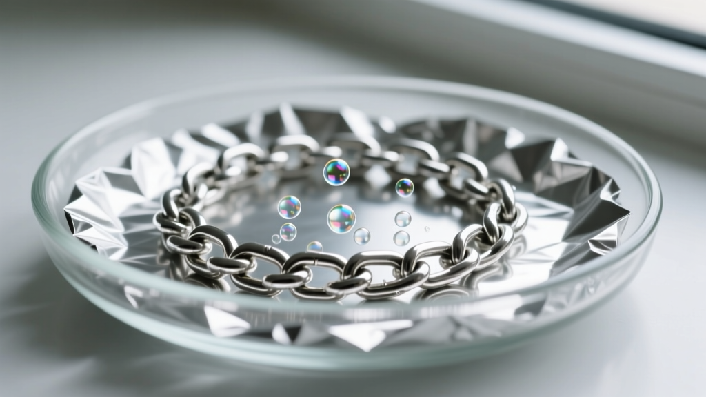 Close-up of a silver chain in a glass dish lined with foil, showing tiny bubbles forming from the chemical redox cleaning reaction.