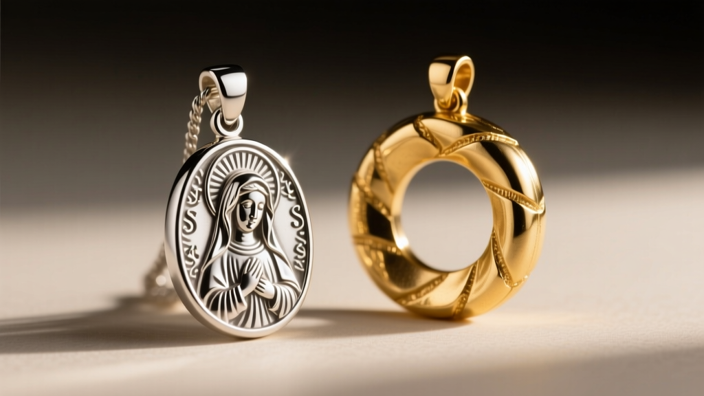 Macro view of a die-struck silver St Anne pendant beside a thicker cast gold version, highlighting edge relief and metal textures.