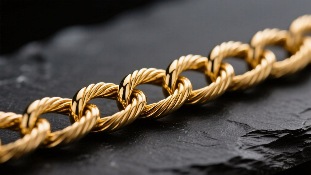 Macro shot of a 14k solid gold cable chain on dark slate, showing link joints and warm metallic luster under studio lighting