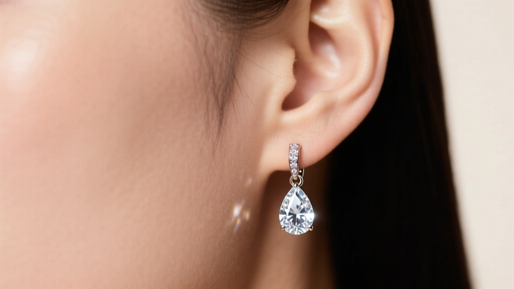 Earlobe wearing a pear-shaped drop diamond earring with a secure locking backing, illuminated by soft, elegant studio lighting.