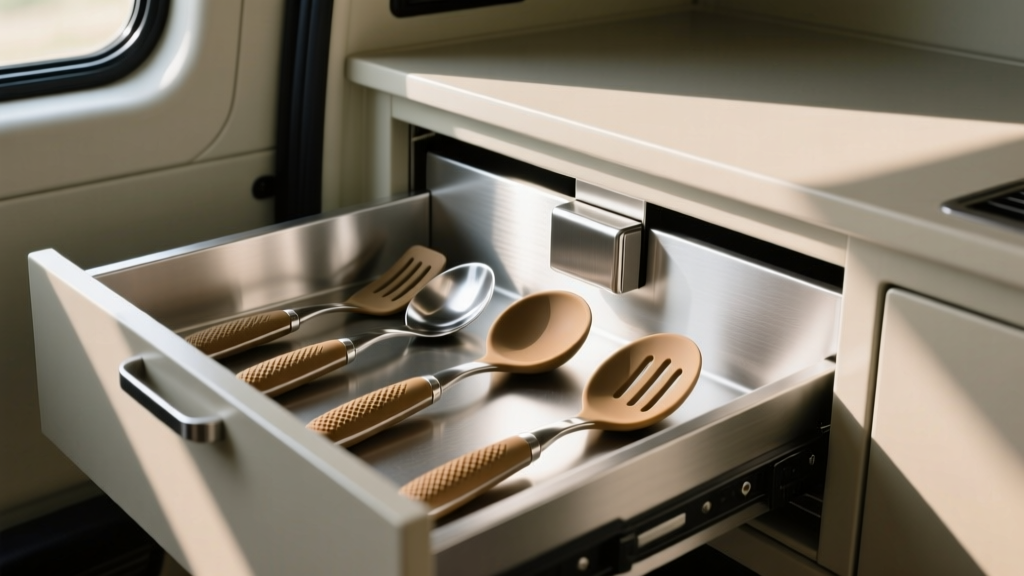 Caraway stainless steel and silicone utensils resting in a magnetic holder mounted inside an aluminum expedition vehicle drawer system