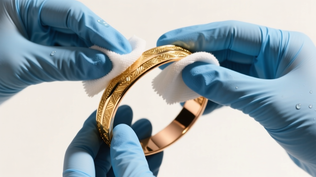 Hands in blue nitrile gloves gently wiping a gold-plated copper cuff bracelet with a damp microfiber cloth, bright studio lighting.