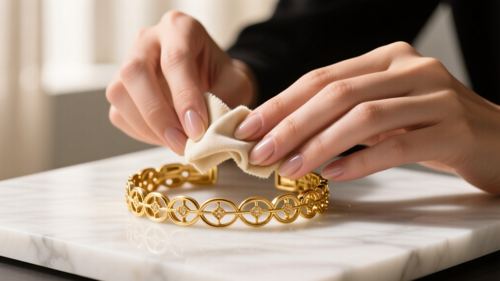 Jeweler hands using a microfiber cloth to dry a gold-vermeil bracelet after cleaning it with a mild liquid surfactant solution