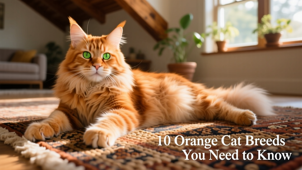 A majestic orange Maine Coon lounging gracefully on a woven rug, showcasing its thick, tufted paws and expressive green-gold eyes