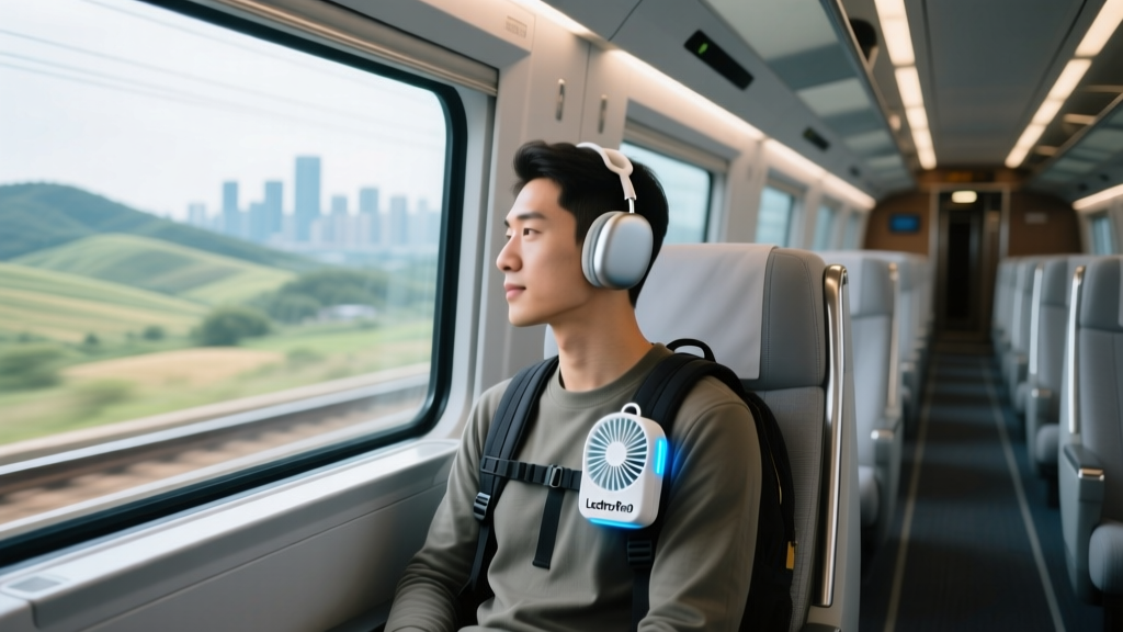 Traveler on a high-speed train using a LectroFan Micro2 clipped to their backpack strap while wearing noise-isolating IEMs.