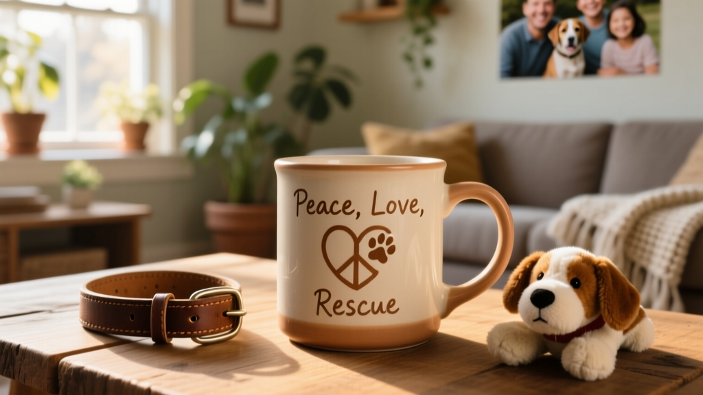 Ceramic coffee mug with 'Peace, Love, Rescue' design, peace symbol, and paw-print heart