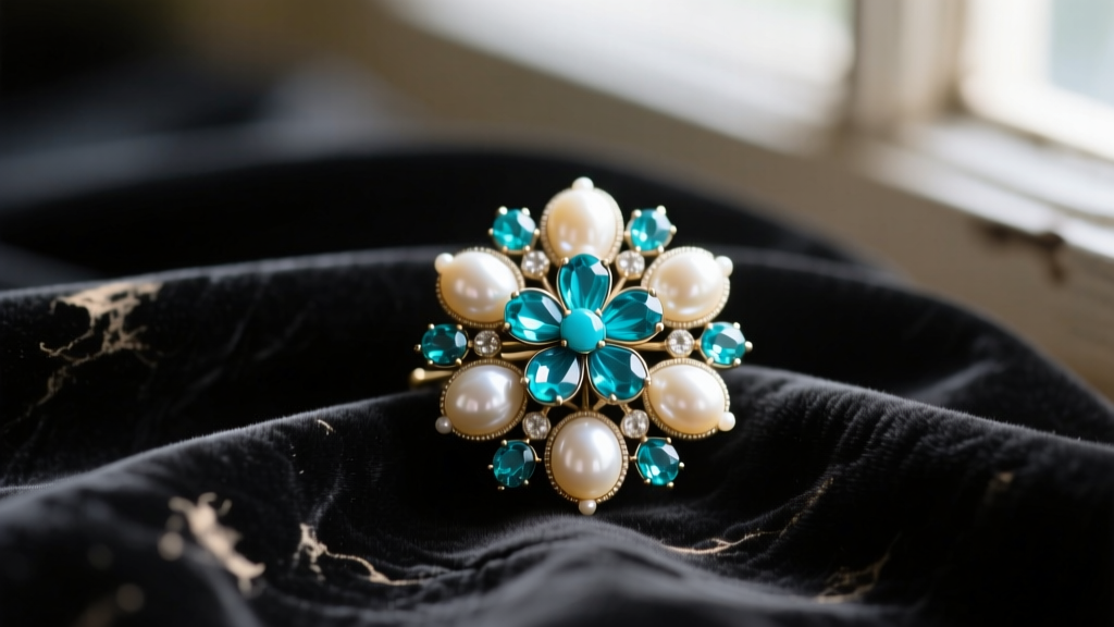 Close-up of an authentic Victorian-era seed pearl and turquoise forget-me-not brooch resting on faded black velvet fabric.