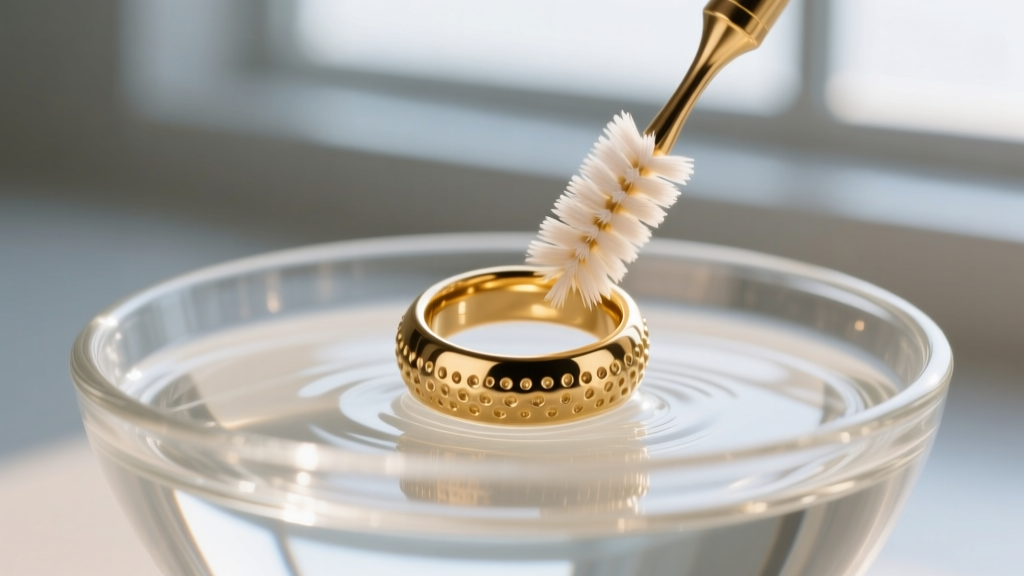 Soft-bristled interdental brush gently cleaning the dimples of a gold ball closure ring submerged in a clear saline bowl