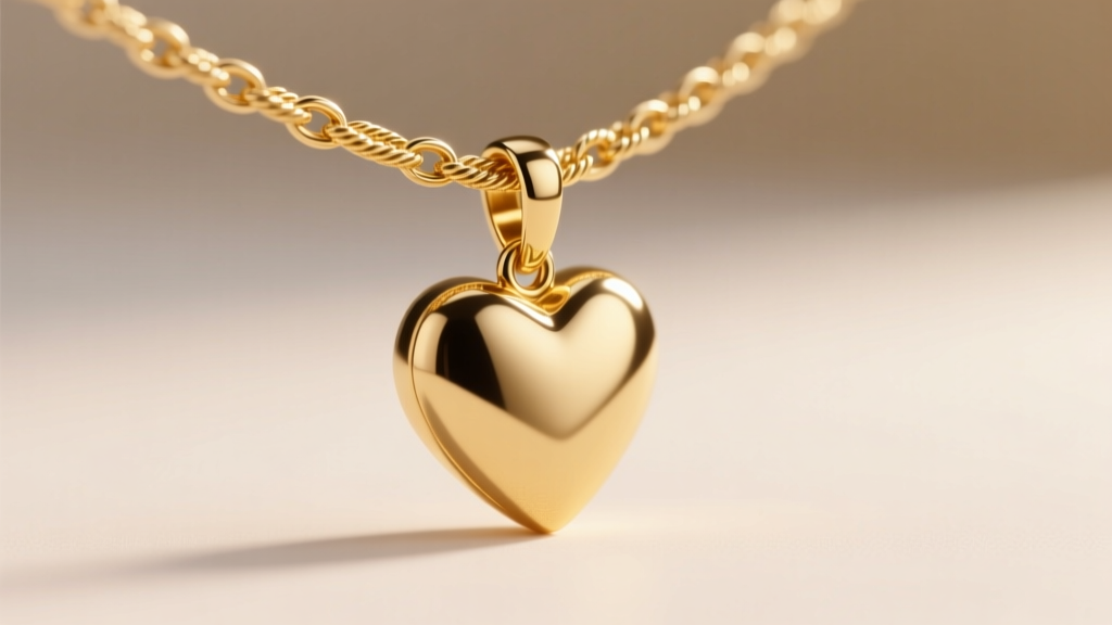 Macro shot of a 1.2mm 18k gold rope chain passing through the bail of a solid gold heart pendant against a soft blurred backdrop