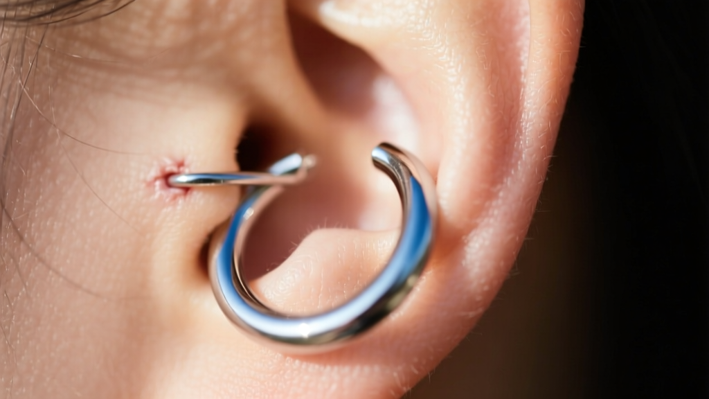 Close-up of a seamless niobium continuous ring huggie earring being gently inserted into a healed cartilage piercing.