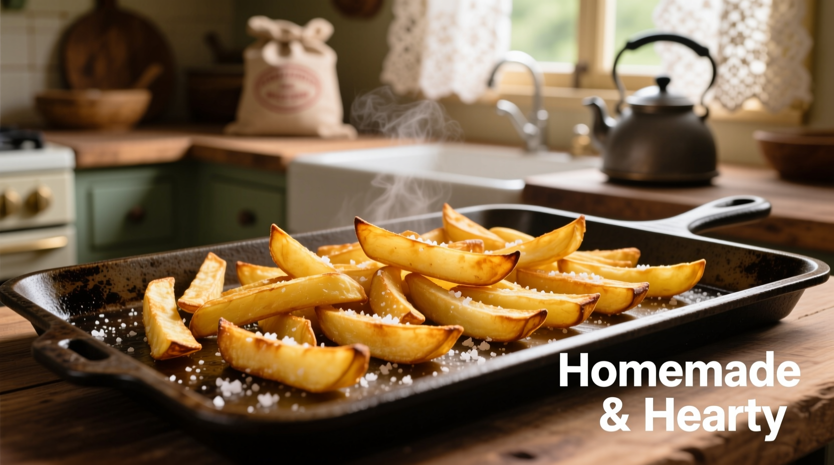 Perfectly golden homemade oven-baked potato fries on a baking sheet