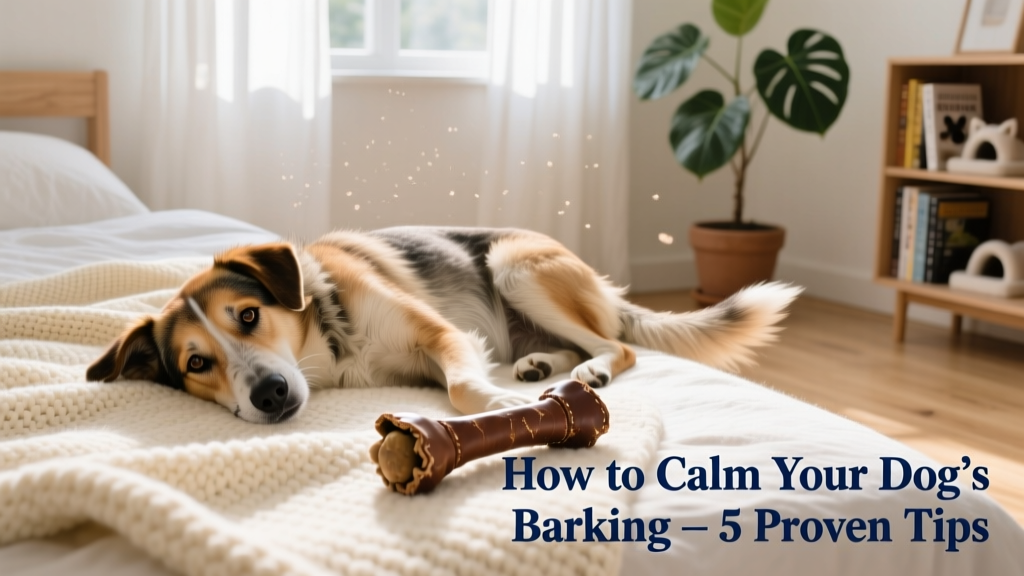 A relaxed dog resting on a cozy bed with a chew toy nearby, bathed in soft natural light