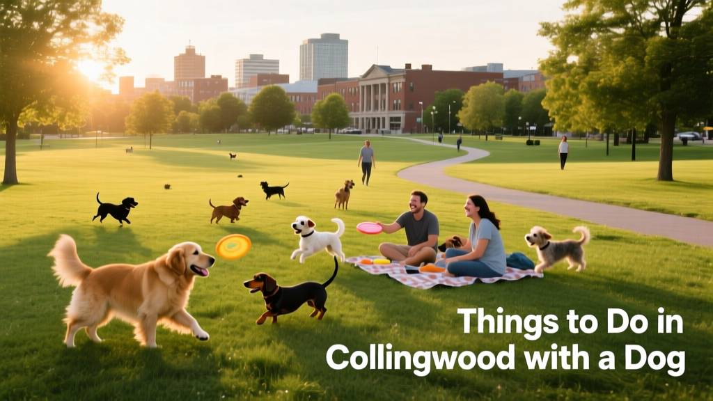 A dog-friendly park in Collingwood with open green space and happy dogs playing