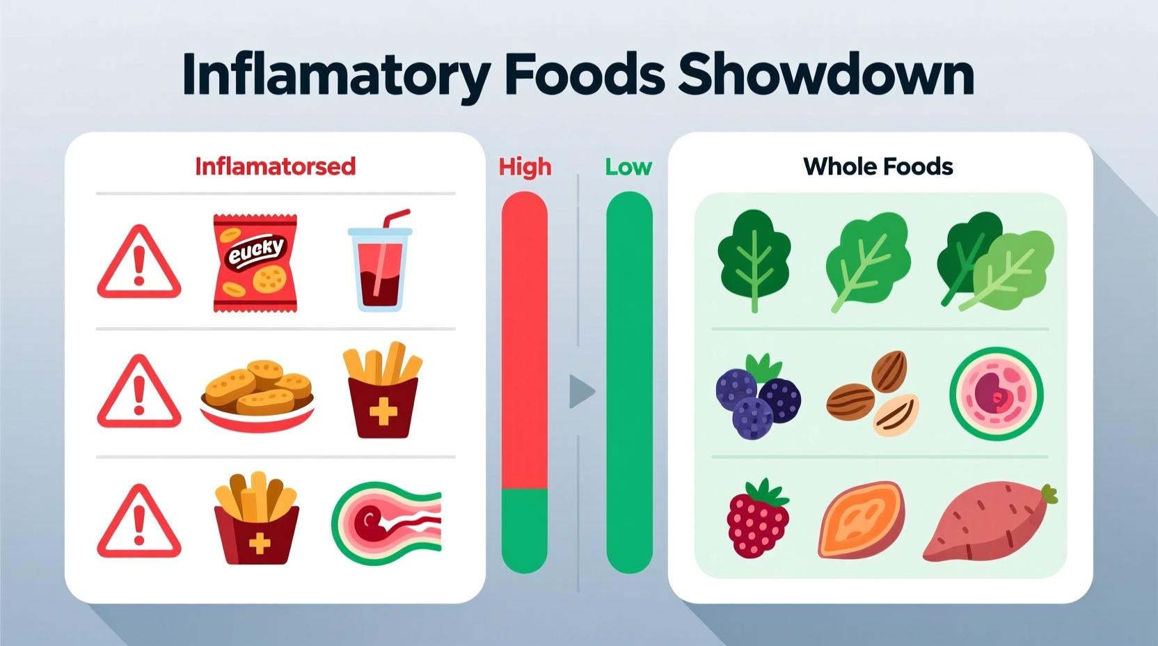 Inflammatory foods comparison chart showing processed versus whole foods